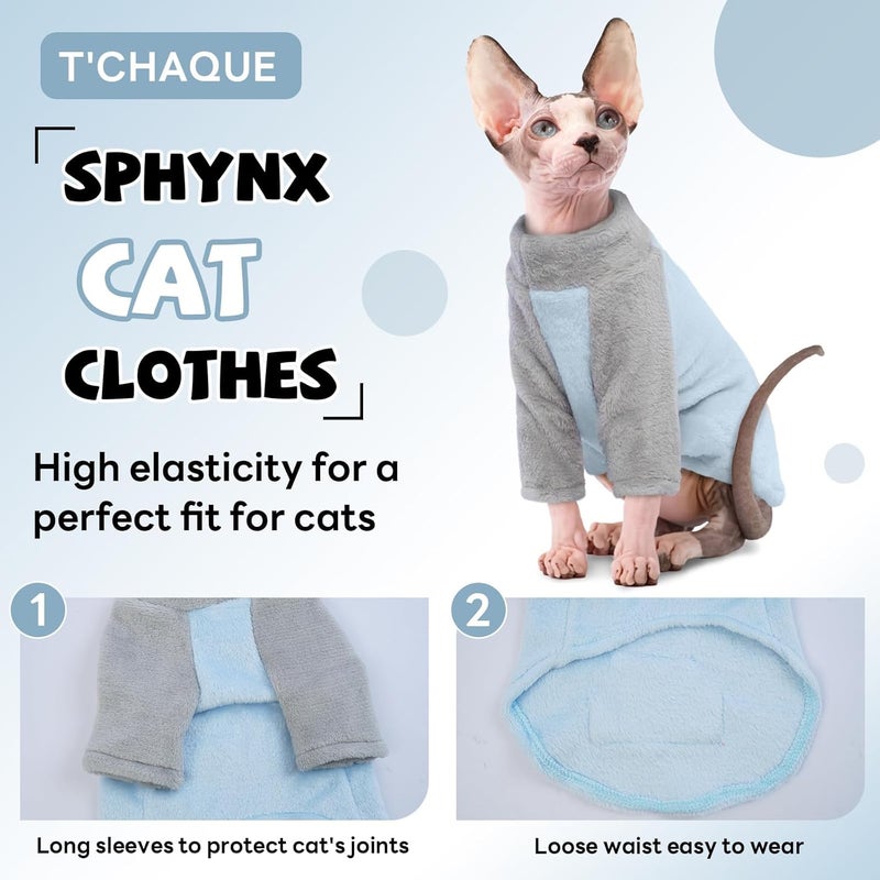 T'CHAQUE Sphynx Cat Clothes, Soft Fleece Winter Sweaters for Hairless Cats, Warm Pajama Jumpsuit with Sleeves and Hoodie, Cozy Pullover Outfit for Kittens - Image 2